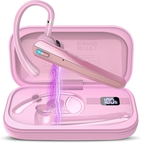SKIUDCT V5.3 Bluetooth Headset, Kabellos Freisprech mit ENC Dual Mic, 120 Std Spielzeit In-Ear mit LED-Ladebox, Headset mit Mikrofon für Handy/Trucker Fahrer/Geschäft, Rosa