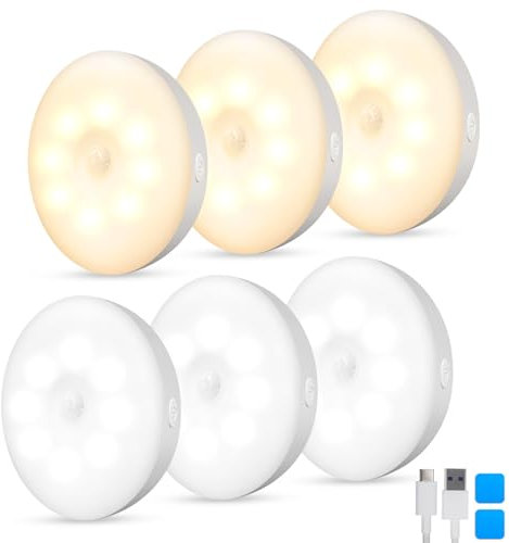 Jsdoin Motion Sensor Lights Indoor, Pack of 6 Wireless LED Rechargeable Magnetic Wall Sconces, USB Rechargeable, Staircase, Hallway, Kitchen, Under Cabinet Suction Cup Lights Warm and White