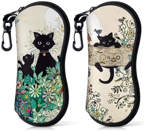 Etui Lunettes, Etui a Lunette Souple en Néoprène pour Femmes&Hommes, Porte Lunettes de Protection Rangement Lunettes de Soleil avec Fermeture Eclair, étui Lunettes avec Mousqueton (Chat Mignon)