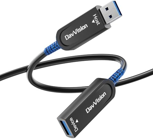 DavVision USB 3.2 förlängningskabel 15 m, fiberkabel USB-kabel 10 Gbit/s hane till kvinna, ultralång för affärslösningar, säkerhetsövervakning, VR/AR, videokonferenser, 3D-skanning, maskinvision