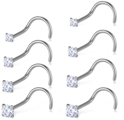 Tucnoeu 8PCS S Form Edelstahl Nasenpiercing Stecker 20G 0.8mm Nasenpiercing Nostril Piercing Silber Nasenstecker Nasenspirale