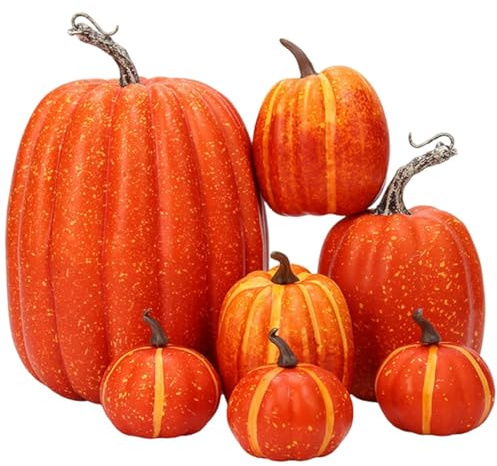 SHIFANQI 7Pcs Artificial Pumpkins, Fall Fake Foam Pumpkin Decor, Autumn Decorations for Thanksgiving Harvest Halloween Christmas Home Table Centerpiece Decoration