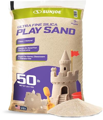 Sun Joe Silica Play Sand for Sandbox, Sensory Table & Garden Spaces, Ultra Fine, 50 Lb Bag - Indoor and Outdoor Natural Craft Accessory for Molding, Digging, Sculpting and Gardening, PLYSAND50