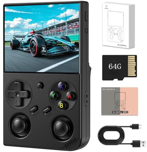RG35XX Pro - Console da gioco portatile con schermo IPS da 3,5, costruita in scheda da 64 g&4435 giochi, sistema Linux di supporto WiFi Bluetooth (Nero,64G)