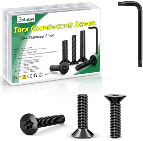 Bolatus 304 tornillos de cabeza avellanada negra M3 x 8 mm, 50 unidades, tornillos de cabeza avellanada Torx con llave Torx y caja según la norma ISO 14581 para máquinas y dispositivos, instalaciones