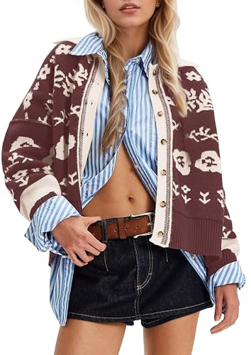MISSACTIVER Floral Print Button Down Cardigan Sweaters for Women Long Sleeve V Neck Open Front Knit Crop Tops Fall Jacket Brown