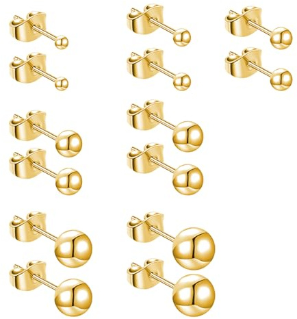 7 paires de boucles d'oreilles en acier inoxydable avec boule ronde, clous dorés pour femmes et hommes (2 mm, 3 mm, 4 mm, 5 mm, 6 mm, 7 mm, 8 mm)