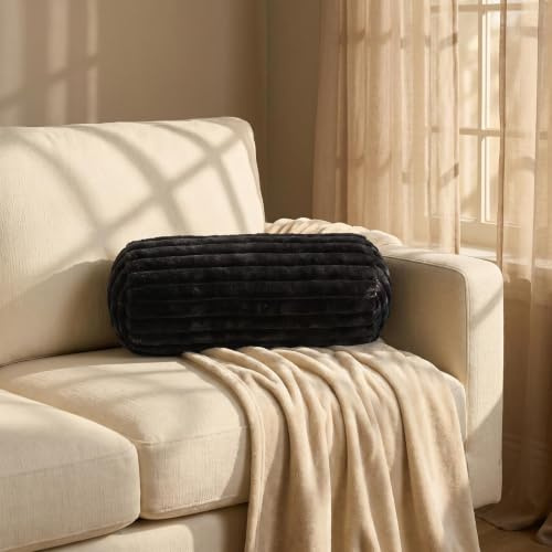 OHS Bolster Cushion Faux Fur Ribbed Cylinder Pillow Yoga Bolster, Black | Neck Roll Pillows for Sleeping Armrest & Head Support Soft Cosy Bolster Pillow for Bed Sofa