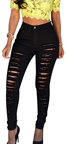 Jeans Femme Jean Déchiré Skinny Pantalon Taille Haute Jean Troué Slim Jeggings Stretch Tregging Pantalons Femmes Denim Rétro Jeans Déchirés Trous Crayon Pantalon Leggings Jegging Noir L