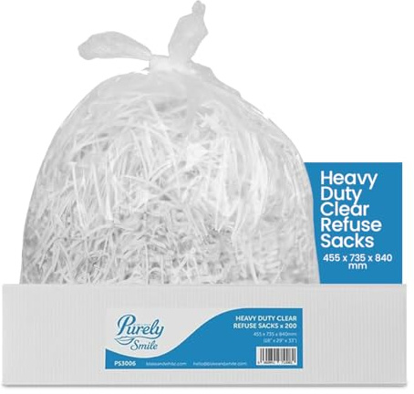 Blake & White 80L Capacity Standard Clear Sacks - Purely Smile Ultra Durable & Sustainable Recyclable Bin Bags - Heavy Duty Liners for Household, Office, and Kitchen - Box of 200 (Packaging may vary)