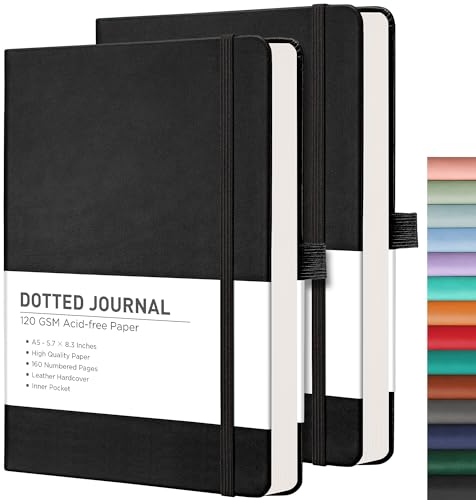 RETTACY Dotted Journal Notebook, 2-Pack, 160 Numbered Pages per Pack, A5 Medium Size (5.7'' x 8.3''), 120 GSM Thick Paper, Leather Hardcover, for Journaling, Planning, Tracking (Black & Black)