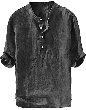 Ryannology Mens Linen Shirts Henley 3/4 Sleeve Casual Cotton T-Shirt Regular-Fit Lightweight Beach Yoga Tunic Tops