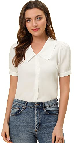 Allegra K Women's Peter Pan Collar Shirt Puff Short Sleeve Chambray Blouse Top White XL-20