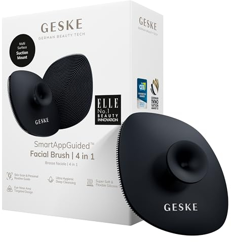 GESKE SmartAppGuided™ Facial Brush | 4 in 1 | professional facial cleansing brush with handle | skin cleansing soft silicone facial brush | routine skincare | gentle cleansing | facial cleanser