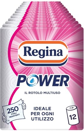 Regina Power Carta Multiuso | 12 rotoli | 250 fogli a 2 veli | Ideale per la pulizia di ogni superficie | Confezione riciclabile | Carta 100% certificata FSC