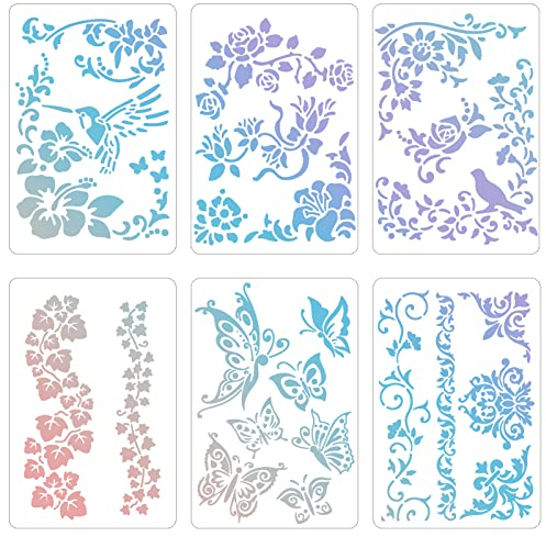 Sixfolo 6 Stück Zeichnung Malschablonen Set Blumen Pflanzen Vogelschablonen Kunststoff Zeichnung Malerei Schablonen Wiederverwendbar Schablonen für Holz,Boden,Möbeln,Wänden und Scrapbooking