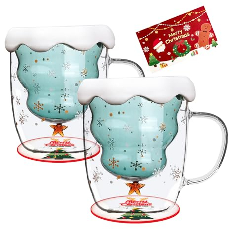 Set di 2 tazze con albero di Natale Tazze con albero di Natale a doppia parete Tazza di vetro con albero di Natale con coperchio e manico Tazze di Natale carino regalo per le donne uomini bambini