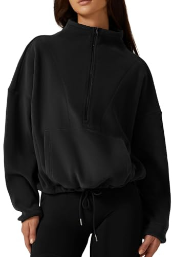 QINSEN Polar Fleece Sweatshirt for Women Half Zip kangaroo Pocket Relax Fit Pullover Jumpers Black S
