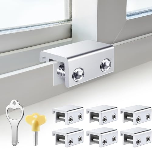 Sliding Window Locks (6 Sets), Security Window Locks with Keys, Adjustable Aluminum Sliding Window Stops, Easy Installation Without Drilling, for Vertical and Horizontal Sliding Windows (Silver)