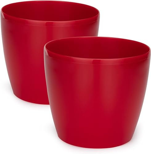 PECZEKO Set di 2 vasi decorativi per fiori ed erbe aromatiche, resistenti e leggeri, rotondi, in plastica, per soggiorno e sala da pranzo, cucina, terrazza, balcone, (rosso, diametro 25 cm)