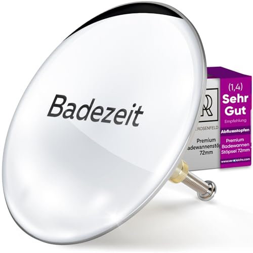 M. ROSENFELD HOME Badewannenstöpsel Universal Ø 72 Premium - Stöpsel Badewanne Chrom aus Messing mit Doppel Dichtung - Rostfrei Badewannen Stöpsel Verschluss - Eingraviert Badezeit