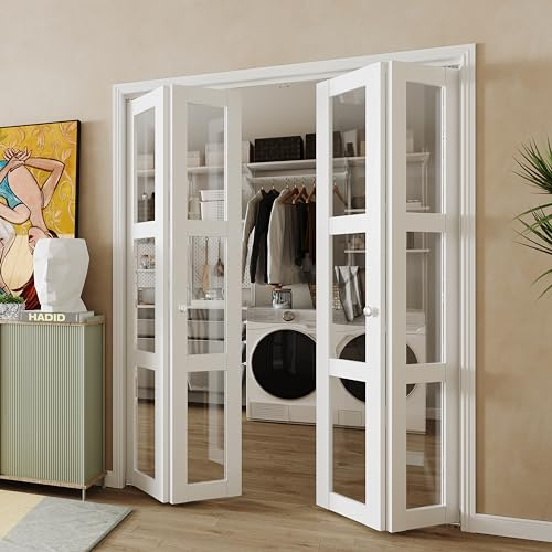 BARNER HOME Bifold Door, 3-lite Clear Glass Closet Door for 60x 80 Opening, Folding Doors with Hardware Kits, MDF, White Multifold Interior Doors