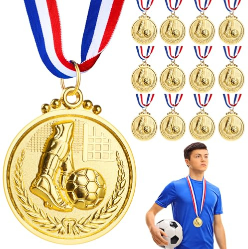 Hianjoo Medaglie in Metallo, Confezione da 12 Medaglie da Calcio per Bambini e Adulti, Vincitore del Premio in Metallo Dorato con Nastro da Collo, per Competizioni Calcistiche e Feste