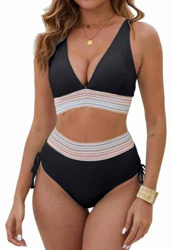 Yutdeng Conjunto Bikini Mujer Braga Alta Reductores Barriga Bikini Push Up con Relleno Cuello V Bañador Cinta Trenzada Correas Laterales Biquini Traje de Baño Mujer 2 Piezas Bañadores,Negro,L