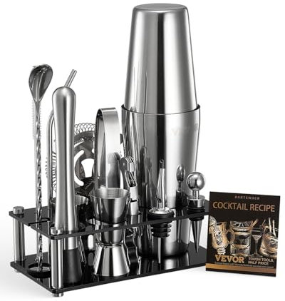 VEVOR Ensemble Shaker à Cocktail, 14 pcs, Accessoire pour Barman Boston en Acier INOX avec Support en Acrylique, cuillère à mélanger, Pilon, doseur, passoire, verseur à Liqueur, Tire-Bouchon, Argent