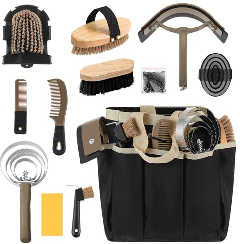 Abbylike Kit de aseo de caballos de 12 piezas, suministros de habitación, juego de cepillos de caballo, kit de limpieza de cuidado equino, herramientas de masaje con bolsa (caqui)