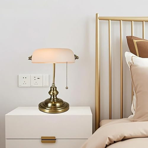 Lampada da banchiere in vetro verde antico, stile vintage con base in ottone, stile tradizionale per biblioteca, con catena a tirante, attacco E26, per ufficio e sala studio