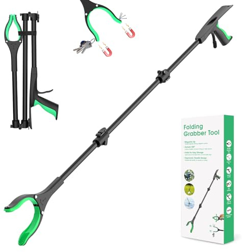 51 Heavy Duty Grabber Reacher Tool for Seniors/Disabled/After Surgery Recovery, Extra Long Foldable Reach Grabber with Shoehorn & 360°Rotating Anti-Slip Claw & Magnetic Tip, Black&Green
