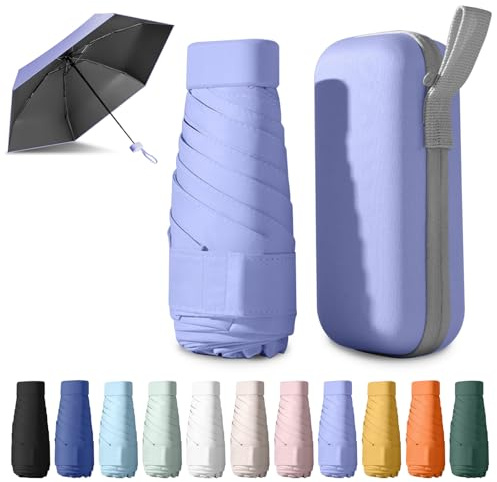 Detontek Pocket Umbrella Foldable Compact, Mini Folding Travel Umbrella, Umbrellas, 6 Ribs Mini Travel Sturdy Pocket Umbrella Portable Uv Umbrella With Storage Box (Light elegant purple)