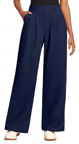 Oyamiki Wide Leg Trousers Women Comfy Fit Elasticated Waist Waffle Knit Pants Navy Blue Office Work Dressy Palazzo Trousers M