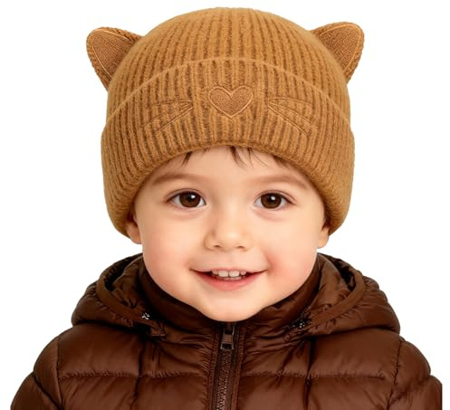 AYPOW Baby Beanie vintermössor med söta kattöron, mjuk bekväm varm elastisk stickad mössa för småbarn pojkar och flickor 0–36 månader, öronlappar vindtät slouchhatt, BRUN, 0–12 Monate