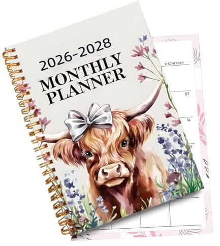 Three Year Monthly Planner - 21×14cm Month To View | Spiral Binding Scottish Highland Bull Design | 2026-2028 Calendar Notebook | School Office Home Gift | January To December With Holidays
