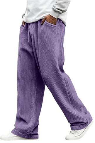 Generico Pantaloni in Velluto a Coste da Uomo Casual Pantalone Giapponesi a Gamba Larga con Tasche Leggeri Pantaloni Invernali Elastico in Vita con Coulisse Abbigliamento Jogging Viola XL
