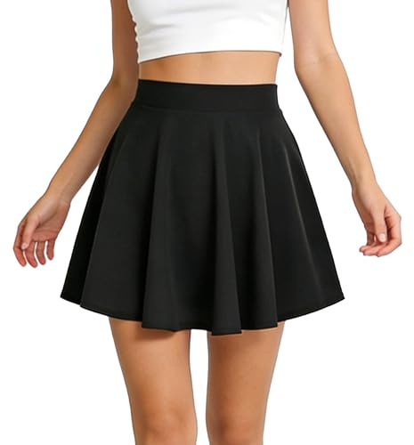 Youkly Women's Skirts with Shorts Underneath, Stretchy High Waist Mini A-line Pleated Skater Skirt and Tennis Skirt (UK, Alpha, S, Regular, Regular, Black)