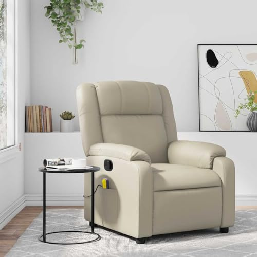 toolkix Massagefåtölj med relaxfunktion och manuell liggfunktion, konstläder creme, 77 x 95 x 99 cm, 6-punkts vibrationsmassage, stabil trämetallram, sidoficka för fjärrkontroll