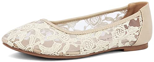Greatonu Women Shoes Cut Out Slip On Beige Synthetic Loafers Lace Ballet Flats 7UK/40EU