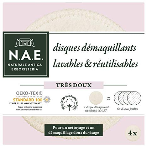 N.A.E. - Disques démaquillants Lavables Visage - Cotons réutilisables - Pour une Nettoyage Doux du Visage - Oeko-tex - 100% Coton Biologique Naturel- Emballage Recyclable - 4 Disques