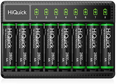 HiQuick Akku Ladegerät mit 8 AA 2800mAh Akkus, AA AAA Batterien Ladegerat, für NI-MH NI-CD AA/AAA Akku, 8-Ladeplatz mit LED Anzeige ladegerat