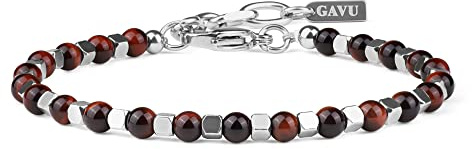 GAVU Bracciale da Uomo con Perline di Occhio di Tigre Rosso e Pepite Quadrate di Acciaio Inox
