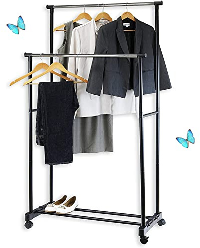 RELOVE Portant à vêtements,Portant Hauteur et Largeur Réglables , penderie Double sur roulettes vestiaire Mobile avec 2 Barres de Hauteur réglable et Une Tablette de Rangement, Noir