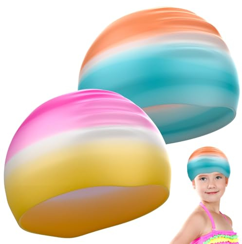 YRVCT Swimming cap children's long hair 2 Pack for Kids thickening colourful Gradient, Silicone Swimming Hat Waterproof swimming cap Girls Boys Kids Teens Children