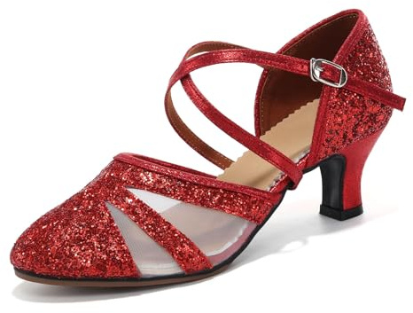 HIPPOSEUS Zapatos de Baile Latino Mujer 5 cm Tacon Bajo Rojo Lentejuelas de Salón Cerrados Salsa y Bachata Tango Calzado para Bailar, 37.5 EU