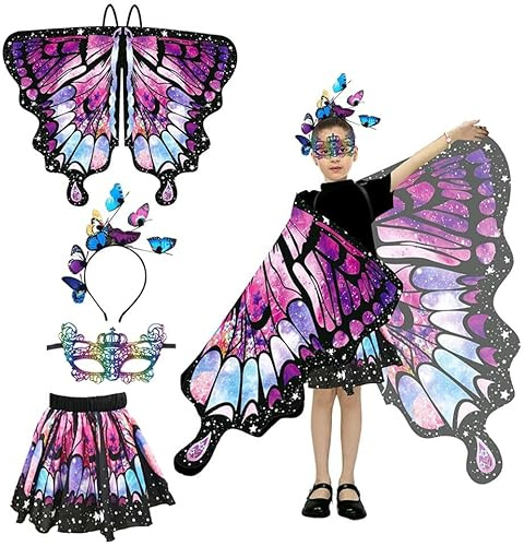 4 PCS Ailes Papillon Deguisement Enfants,Ailes De Papillon Cape,Ailes De Papillon Avec Tutu Jupe,Châle Ailes De Papillon Avec Bandeau,Masque,Tutu Jupe,Pour Fille Carnaval Déguisement Cosplay (Violet)