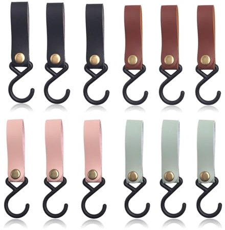 MHYMX S Hooks for Hanging, 12 Pcs S Shaped Hook with Leather Loop Outdoor Leather Camping Hook 16 X 2 cm Multifunctional Storage Hooks for Coat Rack Coat Kitchen