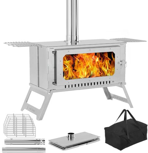 GarveeLife Portable Tent Stove, Hot Tent Stove with View Glass, Wood Burning Stove for Camping, Large Stainless Steel Camping Stove with 5 Chimney Pipes and 3 Shelfs for Outdoor Heating and Cooking