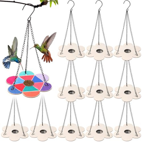 DoubleFill 12 Pack Bird Feeder Craft Kits with Chains for Kids Ages 3-8 Make Your Own Wooden Flower Bird Feeders with Aluminum Bowls DIY to Paint Craft for Garden Outdoor Activities (Flower)